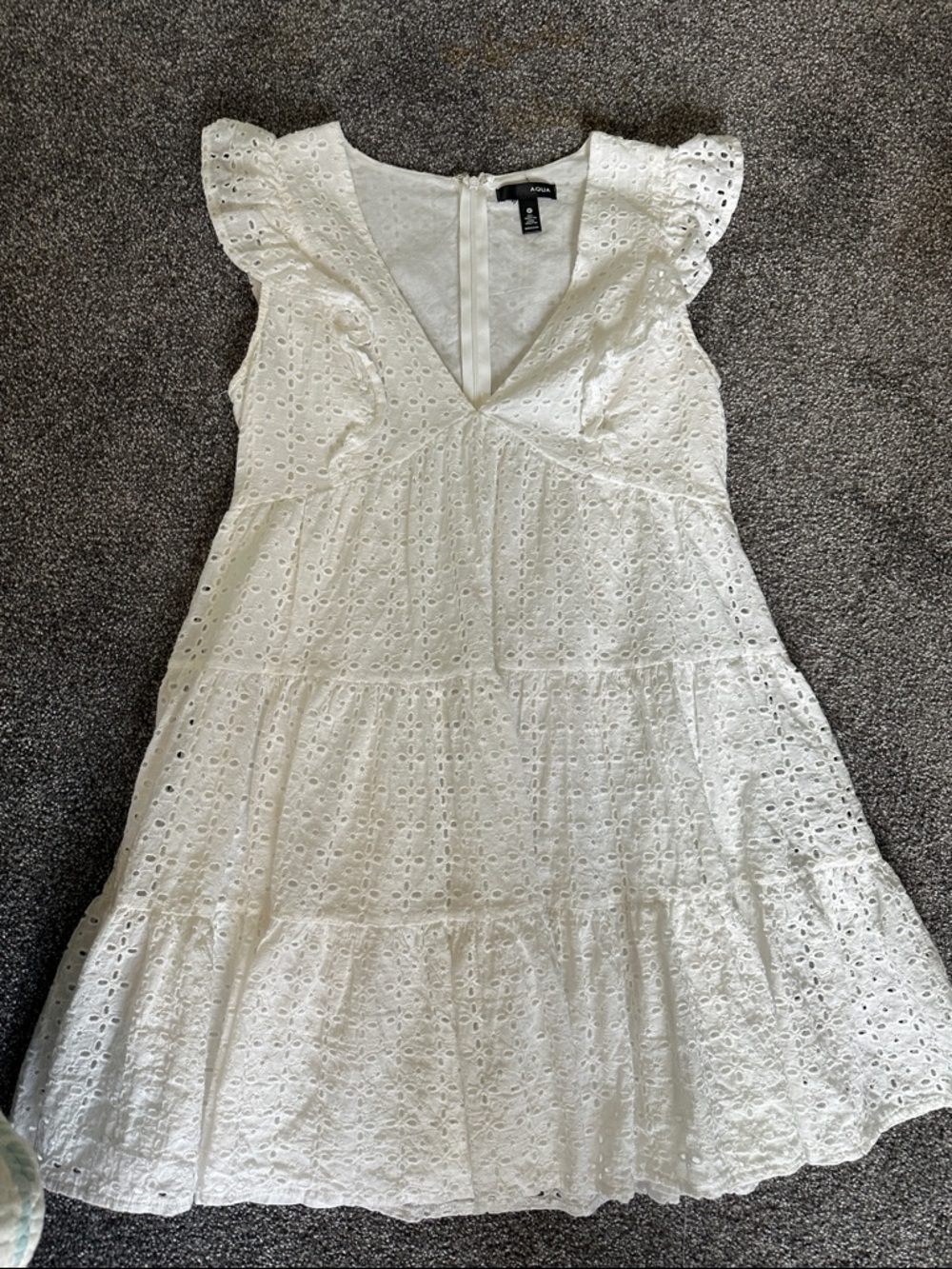 Aqua White Eyelet V-Neck Ruffle Mini Dress Size M